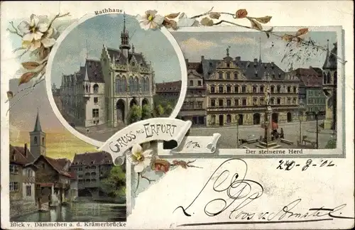 Litho Erfurt, Der steinernde Herd, Rathaus, Blick vom Dämmchen an der Krämerbrücke