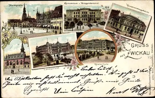 Litho Zwickau in Sachsen, Gymnasium, Kunstvereinsgebäude, Realschule, Landgericht, Marktplatz