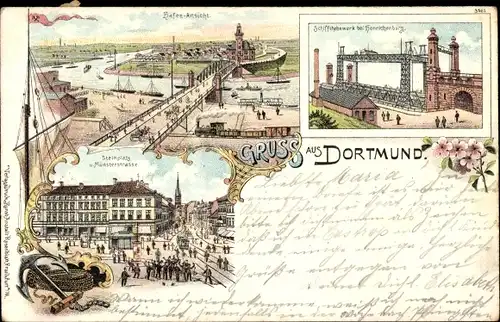 Litho Dortmund im Ruhrgebiet, Hafen, Schiffshebewerk Henrichenburg Waltrop, Steinplatz