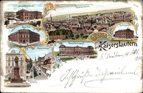 Litho Kaiserslautern in Rheinland Pfalz, Gymnasium, Post, Hauptbahnhof, Gewerbemuseum