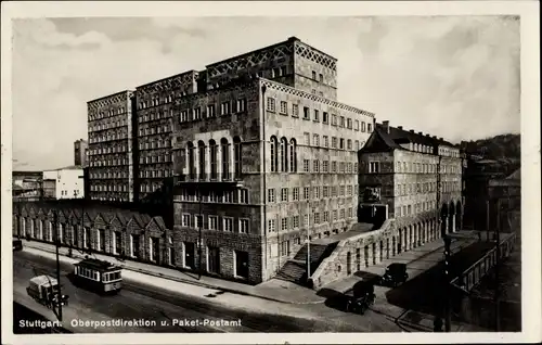 Ak Stuttgart in Baden Württemberg, Oberpostdirektion und Paketpostamt, Straßenbahn