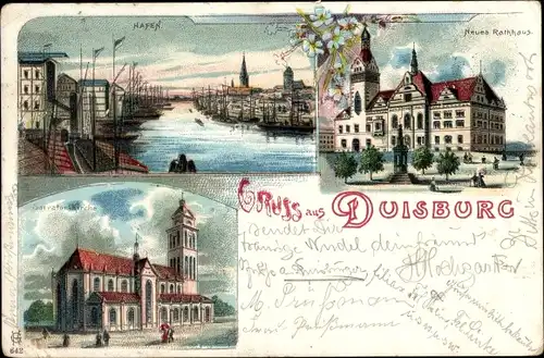 Litho Duisburg im Ruhrgebiet, Hafen, Neues Rathaus, Salvator Kirche