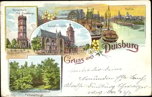 Litho Duisburg im Ruhrgebiet, Hafen, Wasserturm, Kaiserberge, Salvator Kirche, Denkmal