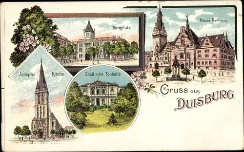 Litho Duisburg im Ruhrgebiet, Burgplatz, Neues Rathaus, Josephs Kirche, Städtische Tonhalle