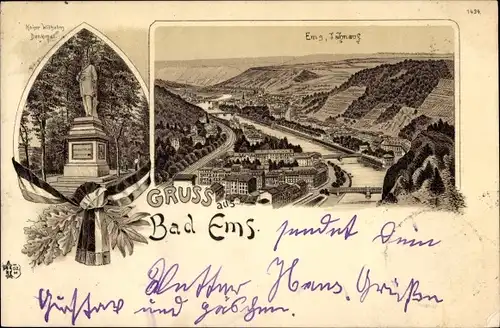 Litho Bad Ems an der Lahn, Kaiser Wilhelm Denkmal, Panorama