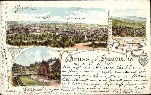 Litho Hagen in Westfalen Ruhrgebiet, Panoramablick auf die Stadt, Waldlust, Dahl