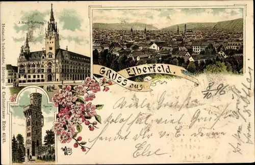 Litho Elberfeld Wuppertal, Neues Rathaus, Von-der-Heydt-Turm, Gesamtansicht