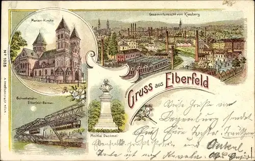 Litho Elberfeld Wuppertal, Marienkirche, Gesamtansicht vom Kiesberg, Schwebebahn, Moltke Denkmal