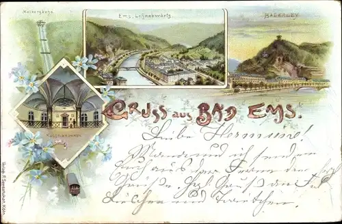 Litho Bad Ems im Rhein Lahn Kreis, Malbergbahn, Bäderley, Kesselbrunnen