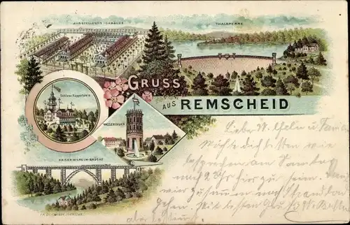 Litho Remscheid im Bergischen Land, Ausstellungsgebäude, Talsperre, Schloss, Wasserturm, Brücke