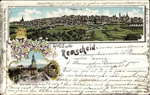 Litho Remscheid im Bergischen Land, Gesamtansicht, Alter Markt, Evang. Kirche