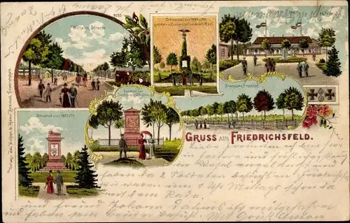 Litho Friedrichsfeld Voerde am Niederrhein, Kriegerdenkmal, Offizierkasino, Franzosenfriedhof