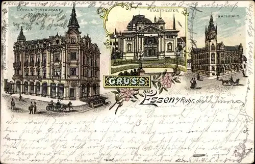 Litho Essen im Ruhrgebiet, Hotel Restaurant, Stadttheater, Rathaus