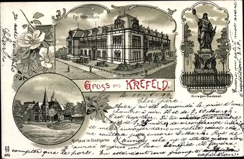 Litho Krefeld am Niederrhein, Kgl. Webeschule, Krieger Denkmal, Kurhaus im Stadtgarten