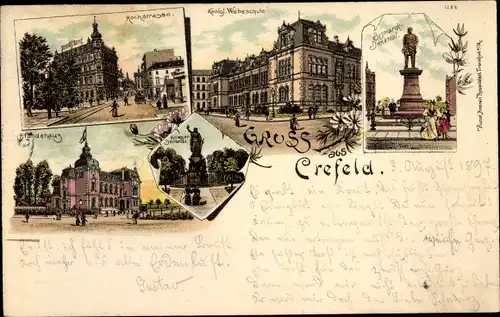 Litho Krefeld am Niederrhein, Hochstraße, Königl. Webeschule, Bismarck Denkmal, Kriegerdenkmal