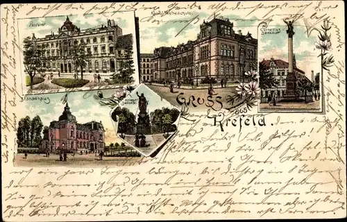 Litho Krefeld am Niederrhein, Cornelius Denkmal, Postamt, Ständehaus, Webeschule