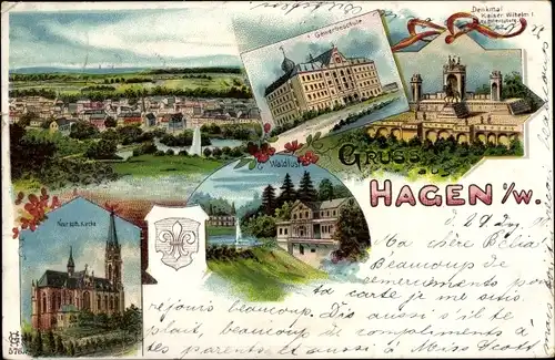 Litho Hagen in Westfalen, Gewerbeschule, Kaiser Wilhelm I. Denkmal, Waldlust, Kath. Kirche