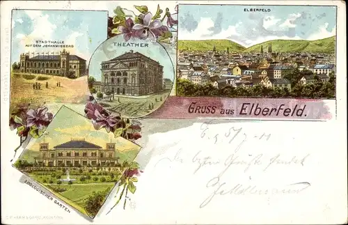 Litho Elberfeld Wuppertal, Stadthalle, Theater, Zoologischer Garten, Stadtansicht