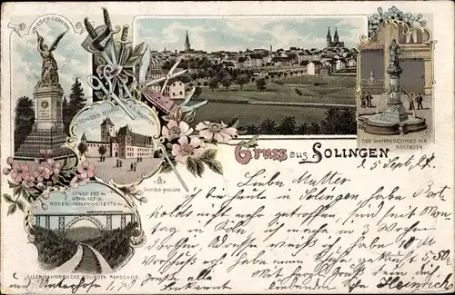 Litho Solingen im Bergischen Land, Schloss Burg, Kriegerdenkmal, Eisenbahnbrücke