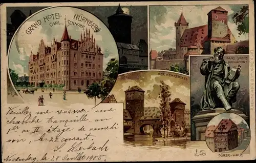 Litho Nürnberg in Mittelfranken Bayern, Grand Hotel, Henkersteg, Hans Sachs Monument, Dürerhaus