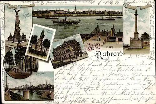 Litho Ruhrort Duisburg im Ruhrgebiet, Kaiser Denkmal, Kriegerdenkmal, Allee, Brücke, Post