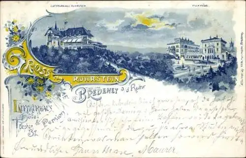 Litho Bredeney an der Ruhr Essen, Villa Hügel, Luftkurhaus Ruhrstein, Pension