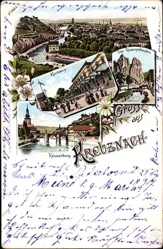 Litho Bad Kreuznach in Rheinland Pfalz, Kurhaus, Rheingrafenstein, Kauzenburg