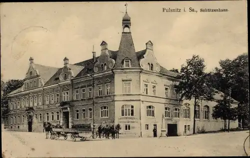 Ak Pulsnitz im Kreis Bautzen, Partie am Schützenhaus, Gasthaus Tunnelschänke, Pferdewagen