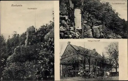 Ak Rothstein Rotstein Reichenbach in der Oberlausitz, Teufelstein, Turnerdenkmal, Bergwirtschaft