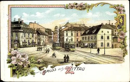 Litho Zittau in der Oberlausitz, Straßenpartie, Straßenbahnen