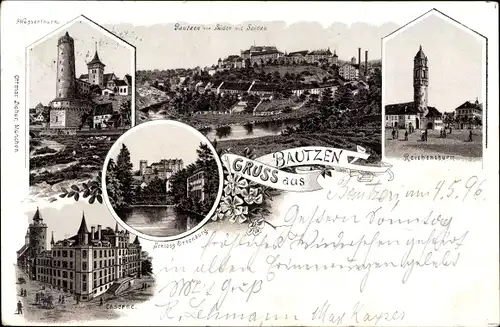 Litho Bautzen in der Lausitz, Kaserne, Wasserturm, Rotenturm, Schloss Ortenburg