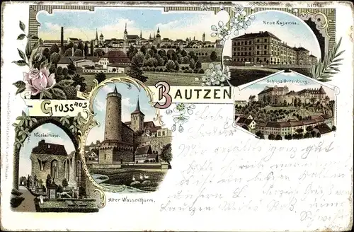 Litho Bautzen in der Lausitz, Nikolairuine, Alter Wasserturm, Schloss Ortenburg, Neue Kaserne