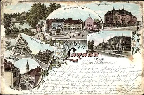 Litho Landau in der Pfalz, Max Josephs Platz, Ostbahnstraße, Marktstraße, Institut, No 44