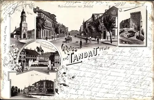 Litho Landau in der Pfalz, Ostbahnstraße mit Bahnhof, Trifels, Denkmal