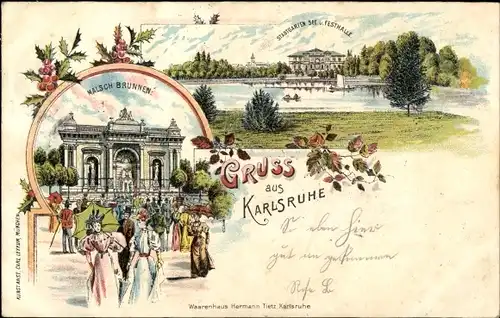 Litho Karlsruhe in Baden, Malsch Brunnen, Stadtgarten und Festhalle