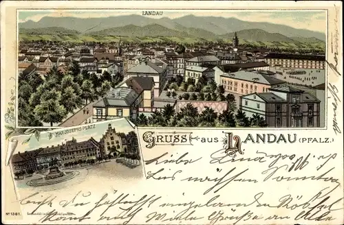 Litho Landau in der Pfalz, Max Josephs Platz, Blick auf den Ort