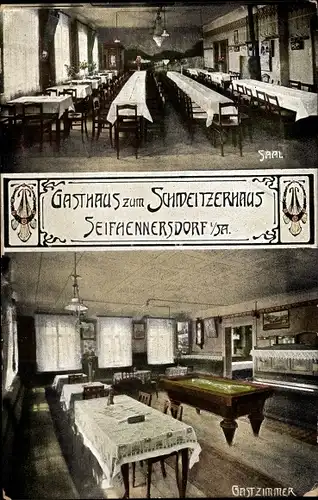 Ak Seifhennersdorf in Sachsen, Gasthaus zum Schweitzerhaus, Saal, Gastzimmer, Billard