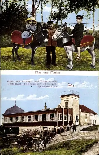 Ak Ebersbach in Sachsen Oberlausitz, Max und Moritz, Kinder, Restaurant Felsenmühle
