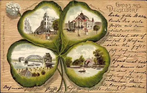Kleeblatt Litho Düsseldorf am Rhein, Friedrichstraße, Apollo-Theater, Rheinbrücke