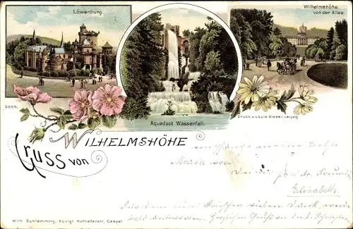 Litho Bad Wilhelmshöhe Kassel in Hessen, Blick von der Allee, Löwenburg, Aquaduct Wasserfall