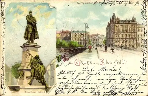 Litho Elberfeld Wuppertal, Europäischer Hof, Bahnhof, Denkmal Kaiser Friedrich III