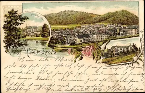 Litho Friedrichroda in Thüringen, Rheinhardsbrunnen, Kurhaus, Totalansicht