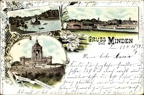 Litho Minden Westfalen, Der Schwanenteich, Denkmal Kaiser Wilhelm I., Brücke