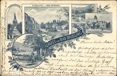 Litho Bad Driburg in Westfalen, Kurplatz, Hermannsdenkmal, Rosenberg, Schloss