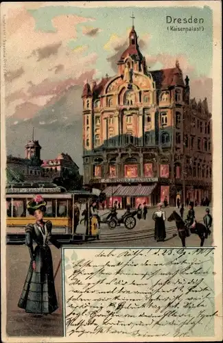 Litho Dresden Altstadt, Kaiserpalast, Geschäftshaus, Straßenbahn