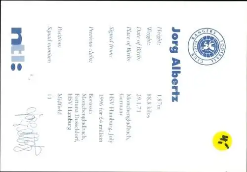 Sammelbild Fußballspieler Jorg Albertz, Autogramm, FC Rangers