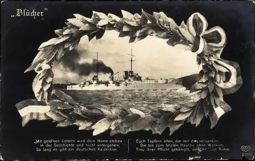 Passepartout Ak Deutsches Kriegsschiff, SMS Blücher, Panzerkreuzer, Gedicht, Kaiserliche Marine