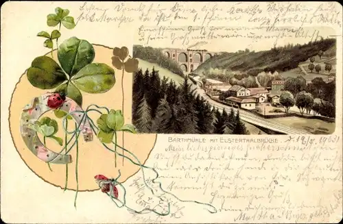 Präge Litho Barthmühle Pöhl Vogtland, Barthmühle, Elstertalbrücke, Marienkäfer, Hufeisen, Kleeblatt