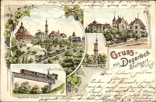 Litho Degerloch Stuttgart in Württemberg, Auffahrt der Zahnradbahn, Turm