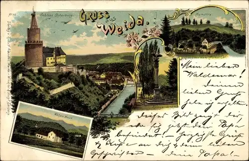 Litho Weida in Thüringen, Panorama, Aumühle, Kriegerdenkmal, Schloss Osterburg, Hohes Haus